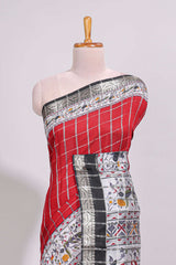 Red checked bottom floral design chanderi cotton saree with contrast black border and checked blouse