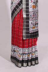 Red checked bottom floral design chanderi cotton saree with contrast black border and checked blouse