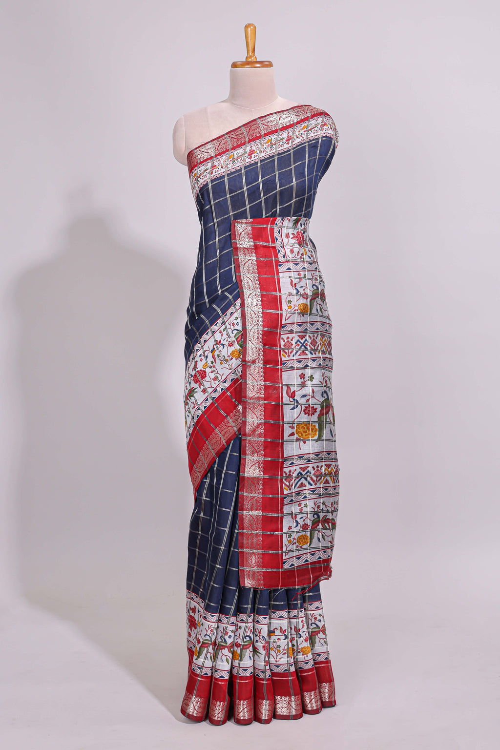 Blue checked bottom floral design chanderi cotton saree with contrast border and checked blouse