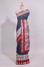Blue checked bottom floral design chanderi cotton saree with contrast border and checked blouse