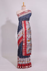 Blue checked bottom floral design chanderi cotton saree with contrast border and checked blouse