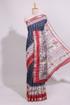 Blue checked bottom floral design chanderi cotton saree with contrast border and checked blouse