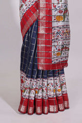 Blue checked bottom floral design chanderi cotton saree with contrast border and checked blouse