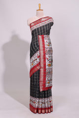 Black checked bottom floral design chanderi cotton saree with contrast border and checked blouse