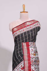 Black checked bottom floral design chanderi cotton saree with contrast border and checked blouse