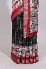 Black checked bottom floral design chanderi cotton saree with contrast border and checked blouse