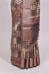 Sandal geometric checked design chanderi cotton saree with contrast zari border and plain blouse