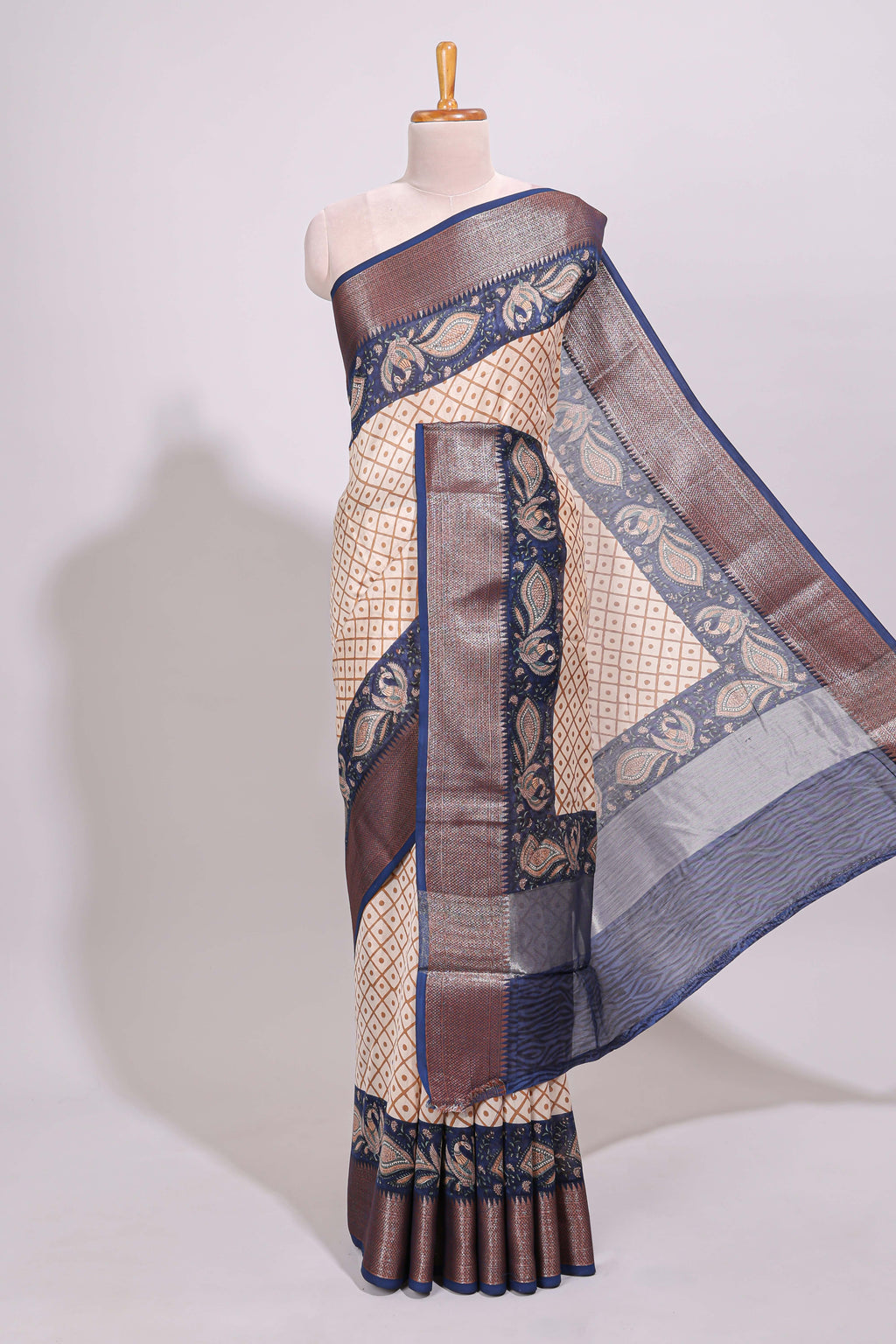 Cream geometric checked motifs chanderi cotton saree with contrast zari border and printed blouse