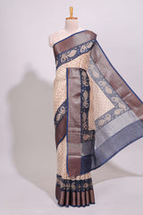 Cream geometric checked motifs chanderi cotton saree with contrast zari border and printed blouse