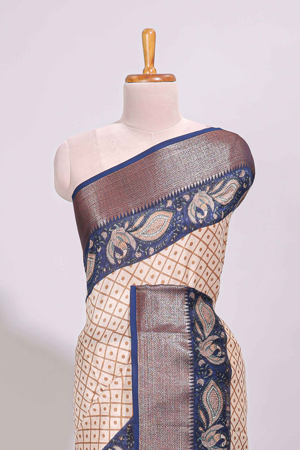 Cream geometric checked motifs chanderi cotton saree with contrast zari border and printed blouse