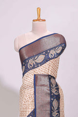 Cream geometric checked motifs chanderi cotton saree with contrast zari border and printed blouse