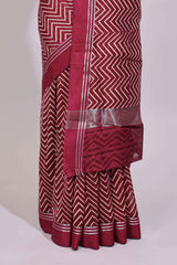 Maroon chevron design chanderi cotton saree with self border and matching printed blouse
