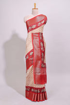 Cream geometric checked motifs chanderi cotton saree with contrast red border and printed blouse