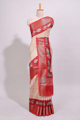 Cream geometric checked motifs chanderi cotton saree with contrast red border and printed blouse