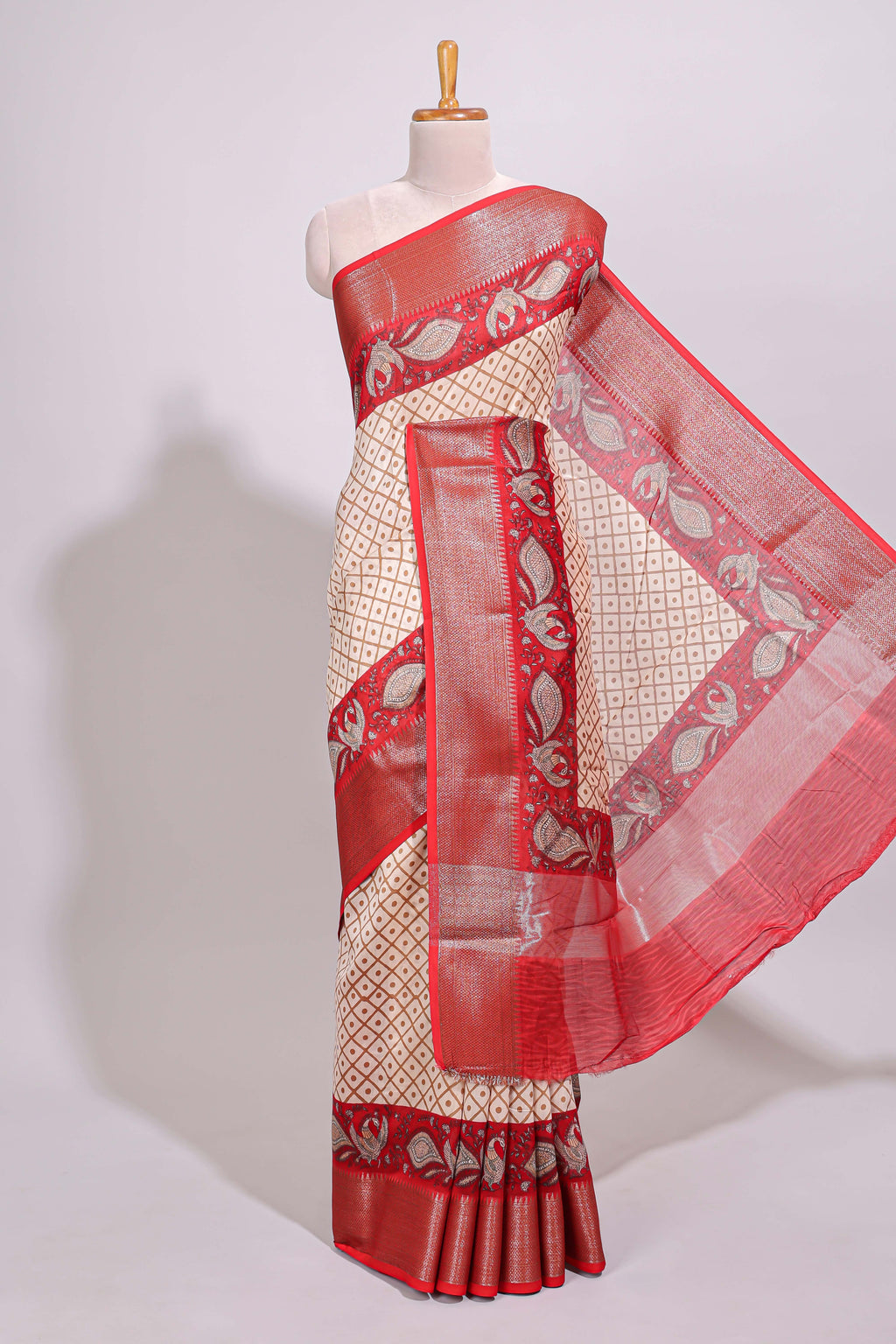 Cream geometric checked motifs chanderi cotton saree with contrast red border and printed blouse