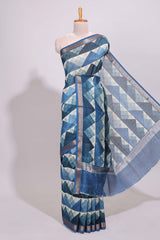 Cream geometric design chanderi cotton saree with contrast border and printed blouse