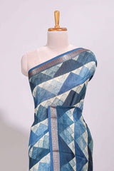 Cream geometric design chanderi cotton saree with contrast border and printed blouse