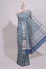 Cream floral design chanderi cotton saree with contrast border and printed blouse