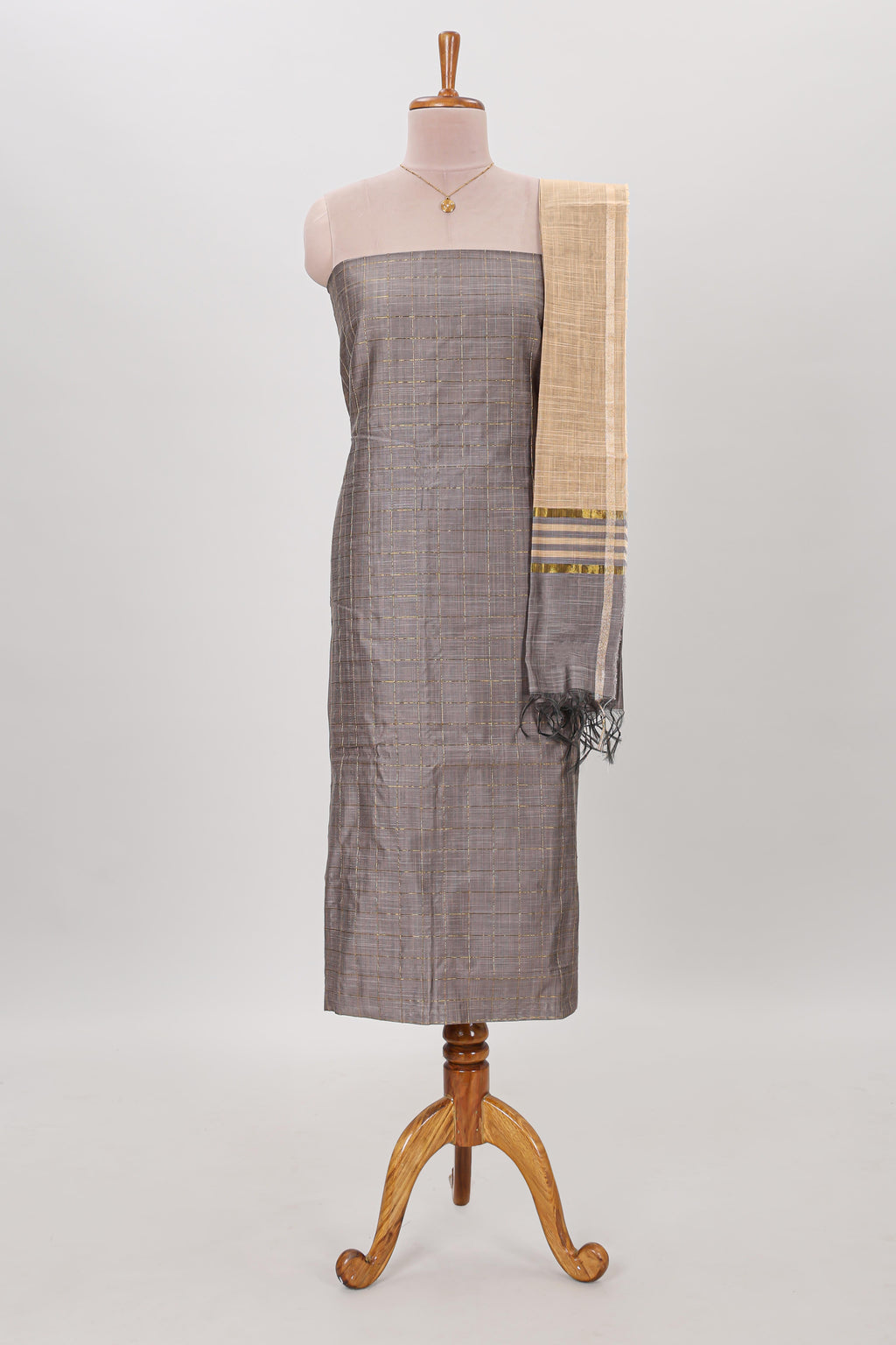 Grey zari checked cotton chudidhar material with matching bottom and contrast dupatta