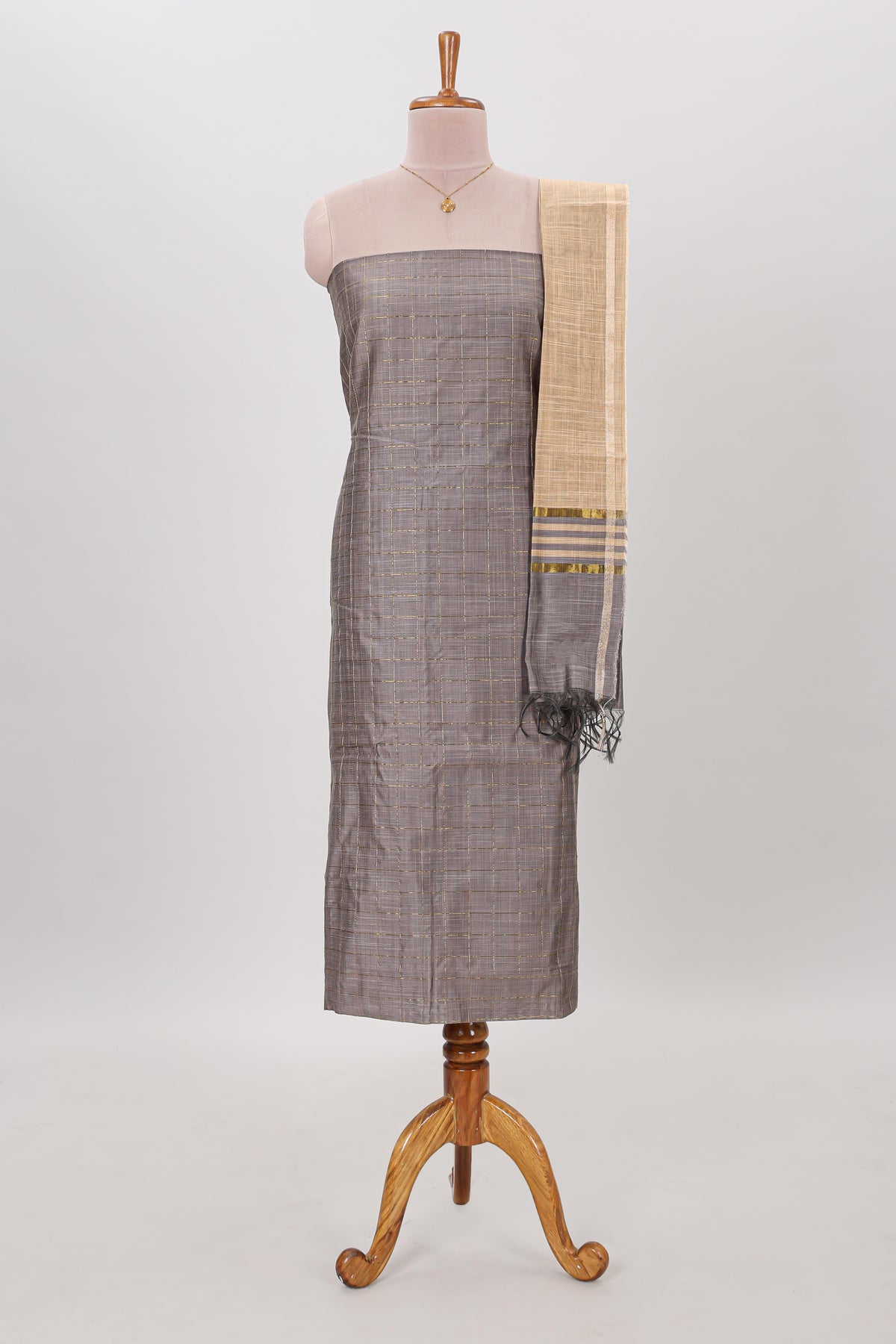 Grey zari checked cotton chudidhar material with matching bottom and contrast dupatta