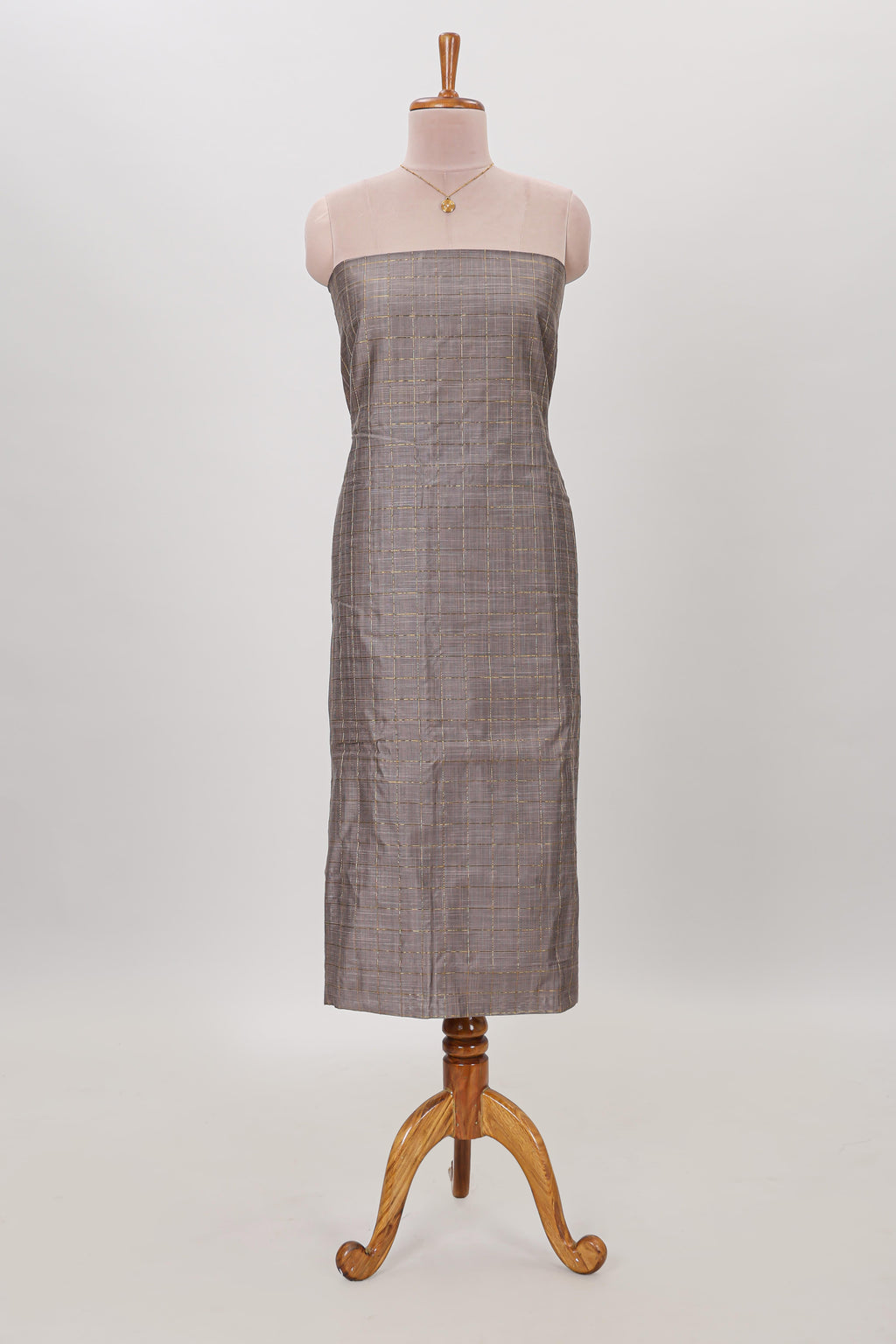 Grey zari checked cotton chudidhar material with matching bottom and contrast dupatta
