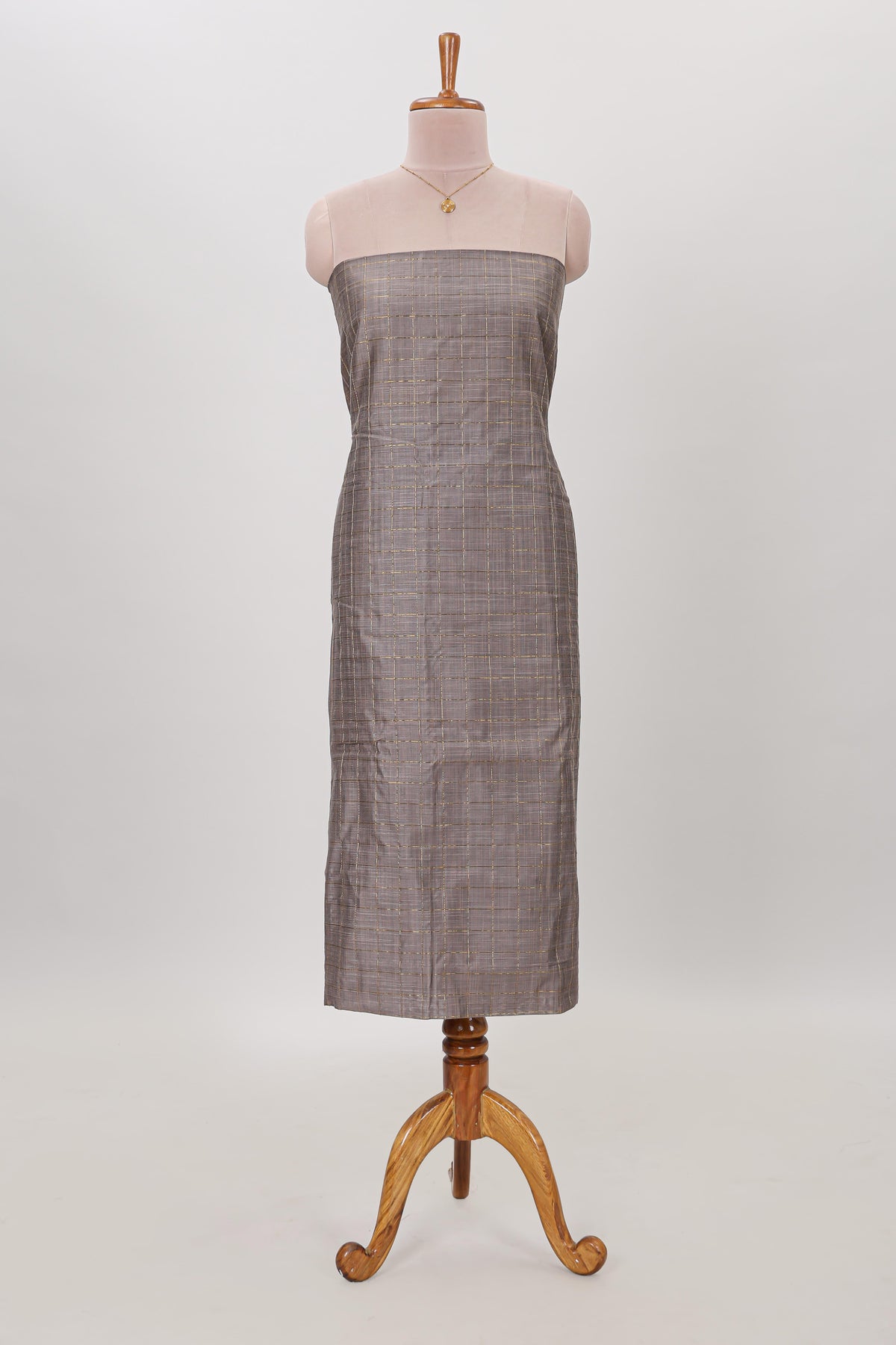 Grey zari checked cotton chudidhar material with matching bottom and contrast dupatta