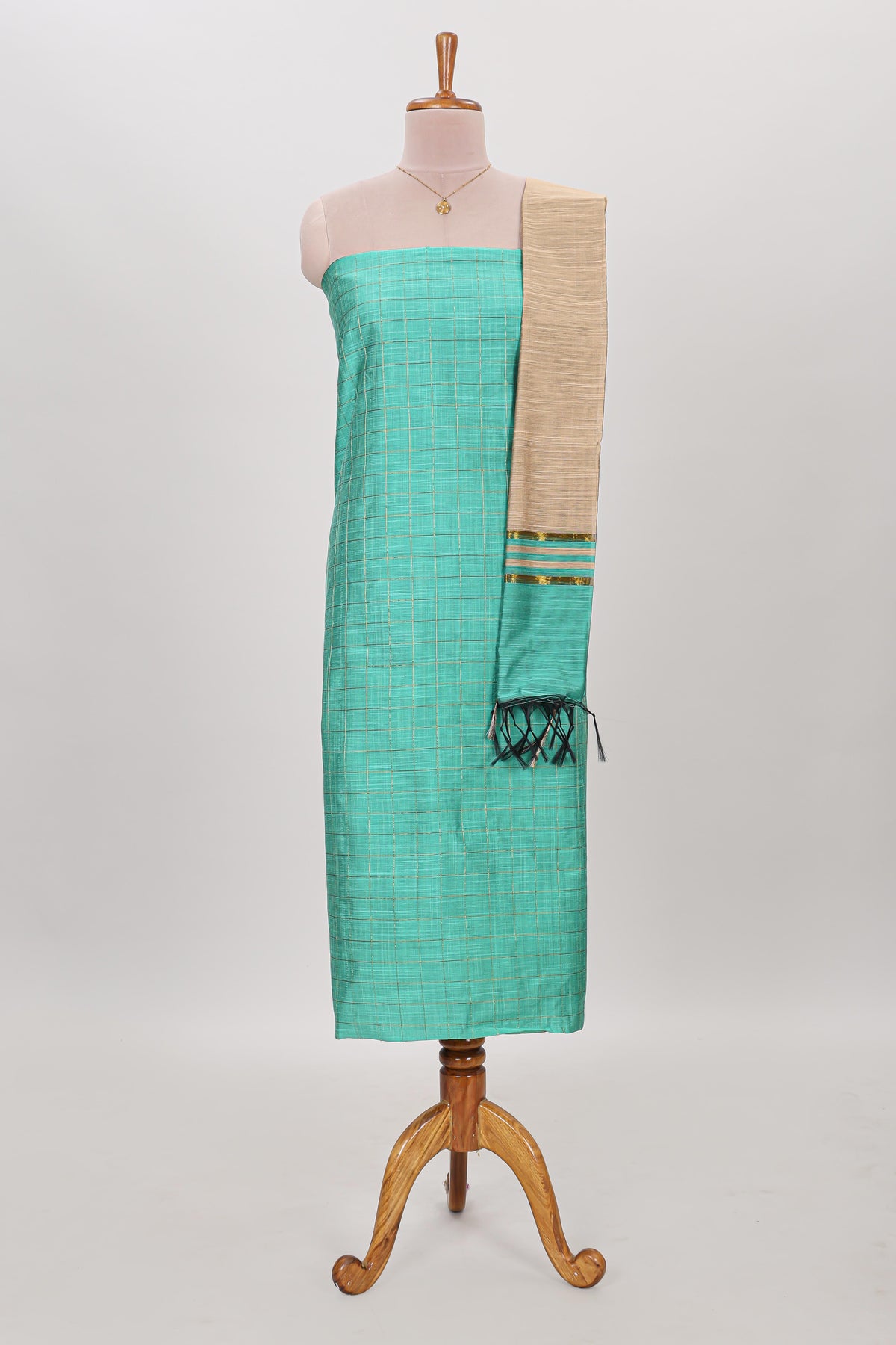 Green zari checked cotton chudidhar material with matching bottom and contrast dupatta