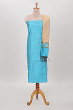 Blue zari checked cotton chudidhar material with matching bottom and contrast dupatta