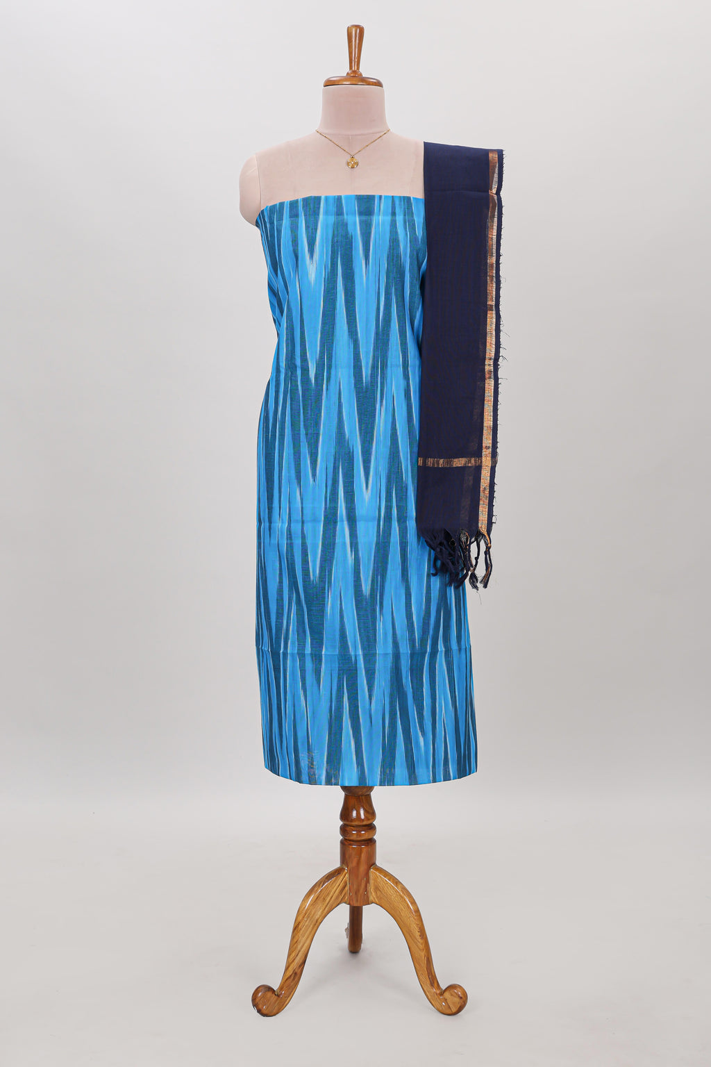 Blue ikkat pattern cotton chudidhar material with contrast pant and dupatta