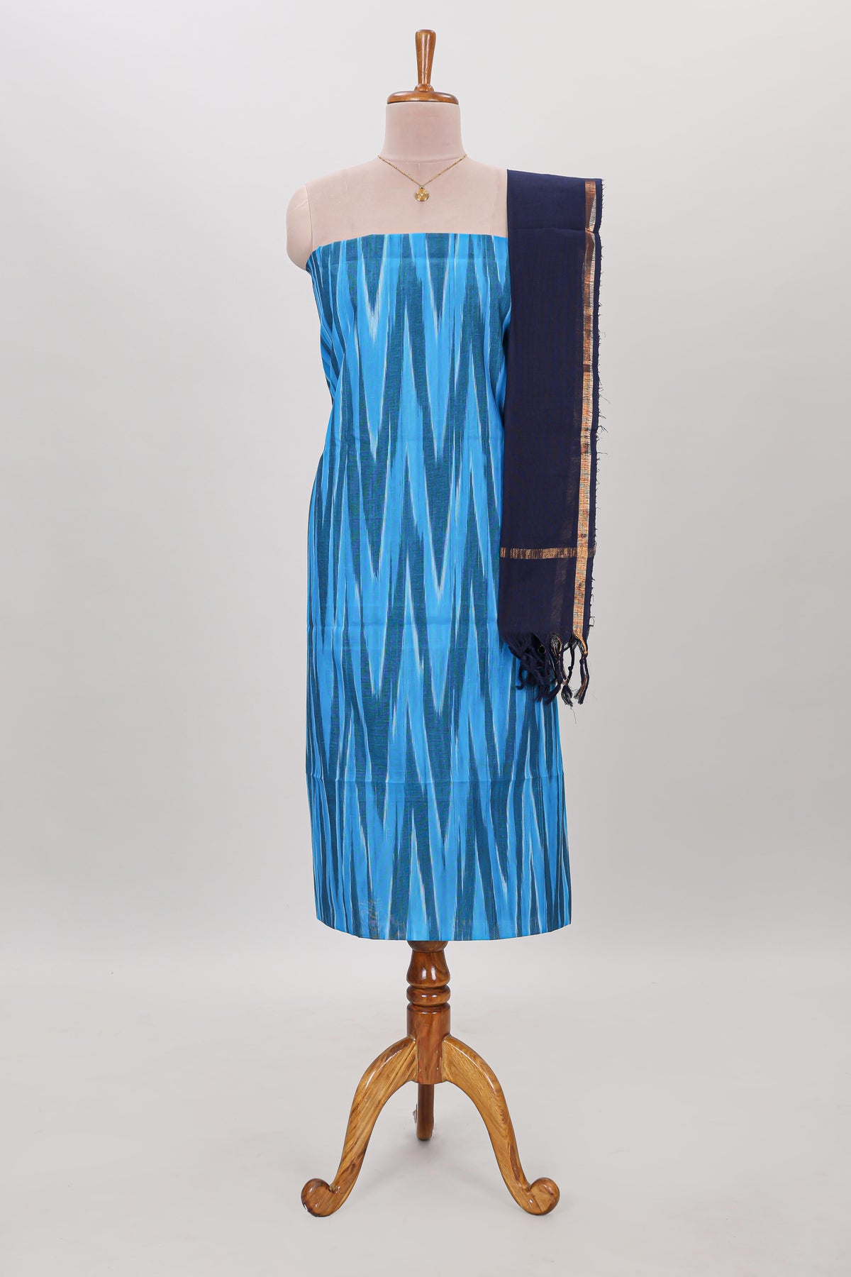 Blue ikkat pattern cotton chudidhar material with contrast pant and dupatta