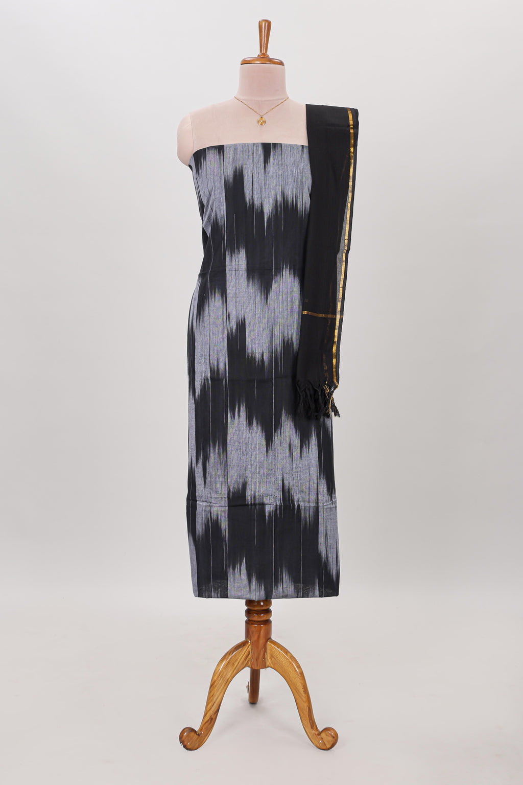 Black ikkat pattern cotton chudidhar material with contrast pant and dupatta
