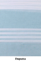 Blue plain cotton chudidhar material with contrast solid pant and matching striped dupatta