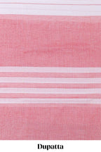 Peach plain cotton chudidhar material with contrast solid pant and matching striped dupatta