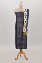 Blue checked cotton chudidhar material with matching solid pant and contrast floral dupatta
