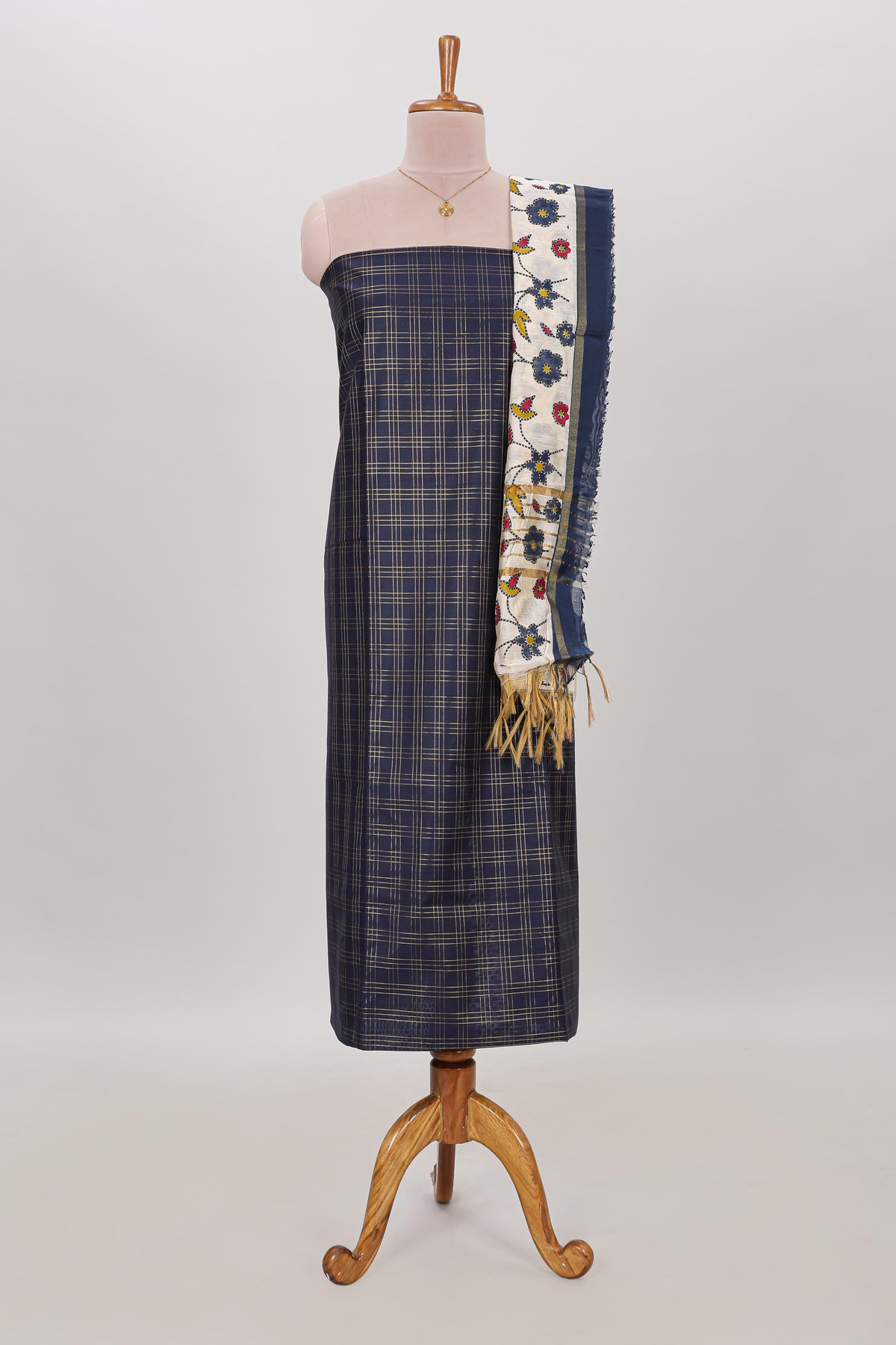 Blue checked cotton chudidhar material with matching solid pant and contrast floral dupatta
