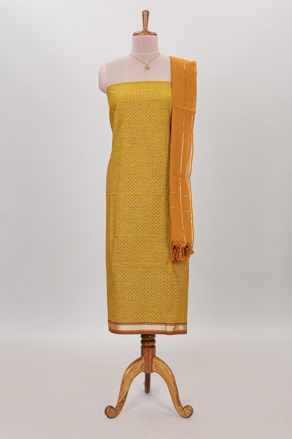 Mustard micro butta prints cotton chudidhar material with zari border and contrast pant & dupatta