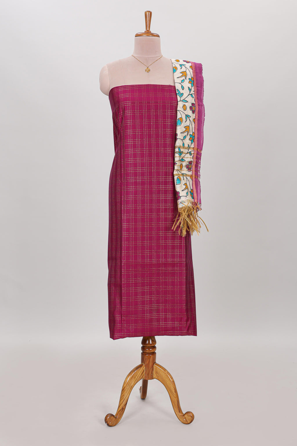 Purple checked cotton chudidhar material with matching solid pant and contrast floral dupatta