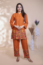 Rust Orange Straight Kurti with Matching Trousers Co-Ord Set