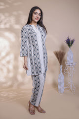 Hash grey floral design Straight Kurti with Matching Trousers Co-Ord Set