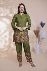 Olive green floral design Straight Kurti with Matching Trousers Co-Ord Set