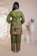 Olive green floral design Straight Kurti with Matching Trousers Co-Ord Set