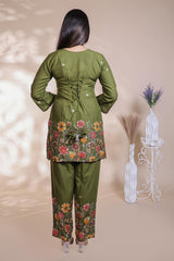 Olive green floral design Straight Kurti with Matching Trousers Co-Ord Set