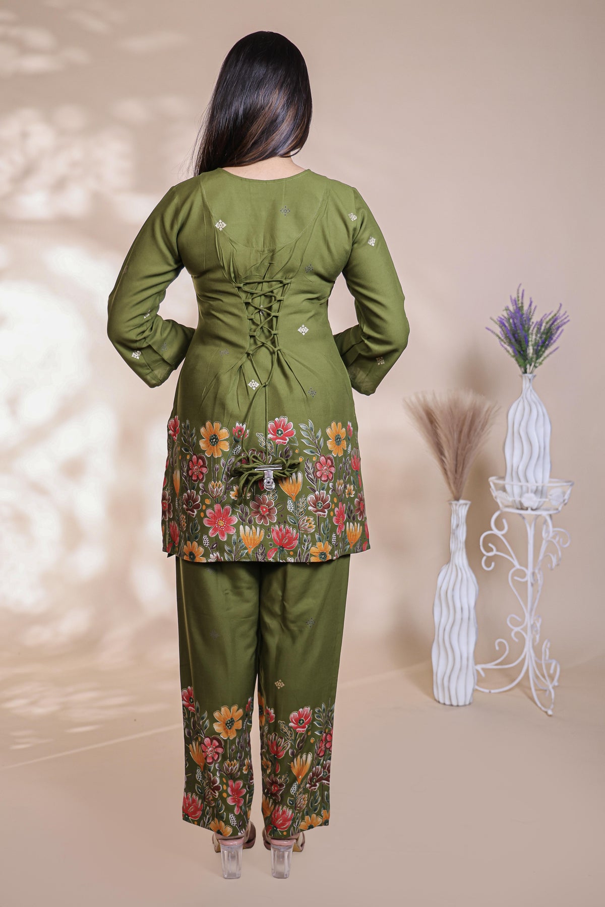 Olive green floral design Straight Kurti with Matching Trousers Co-Ord Set