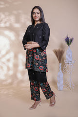 Black floral design Straight Kurti with Matching Trousers Co-Ord Set