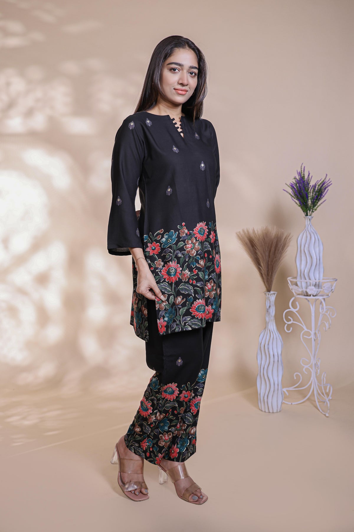 Black floral design Straight Kurti with Matching Trousers Co-Ord Set