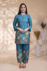 Teal blue floral design Straight Kurti with Matching Trousers Co-Ord Set