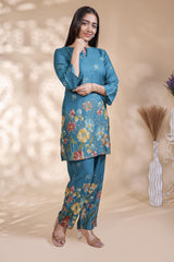 Teal blue floral design Straight Kurti with Matching Trousers Co-Ord Set