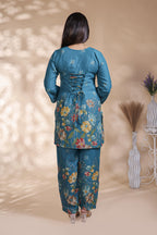 Teal blue floral design Straight Kurti with Matching Trousers Co-Ord Set