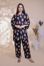 Royal blue floral design Straight Kurti with Matching Trousers Co-Ord Set