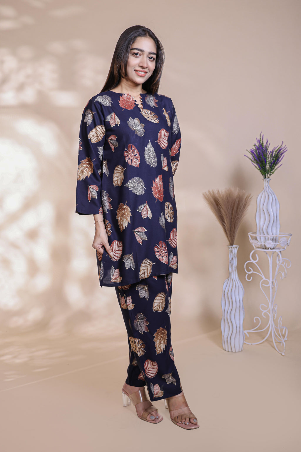 Royal blue floral design Straight Kurti with Matching Trousers Co-Ord Set